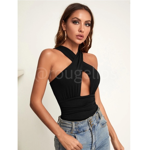 Criss Cross Front Black Bodysuit Cut Out Keyhole Slim Fit - Picture 4 of 8